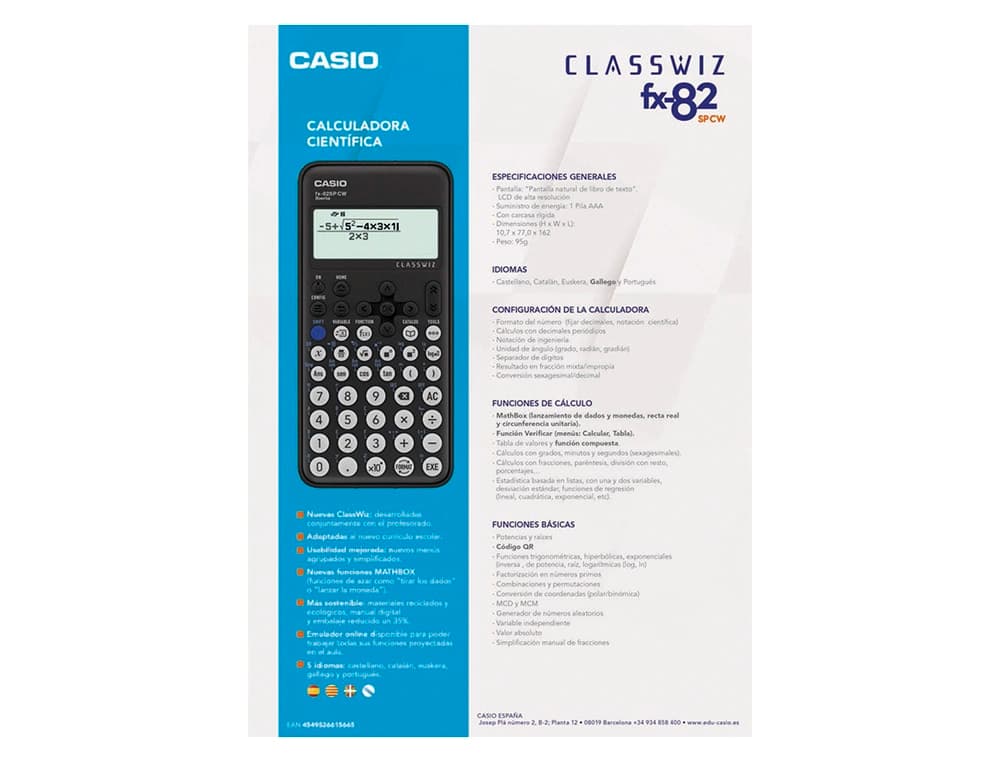 Calculadora casio fx-82sp cw iberia classwiz cientifica + 300 funciones 9 memorias con tapa