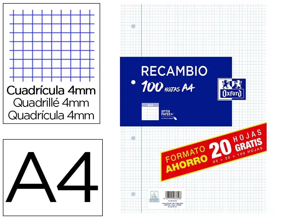 Oxford Recambio Oxford A4 80 hojas + 20 gratis 90 gr cuadro 4x4 mm con margen