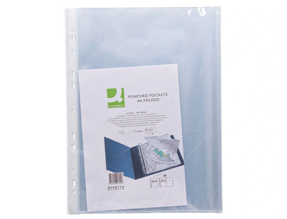 Funda multitaladro q-connect din a4 80 micras cristal bolsa de 25 unidades con apertura superior y lateral izquierda