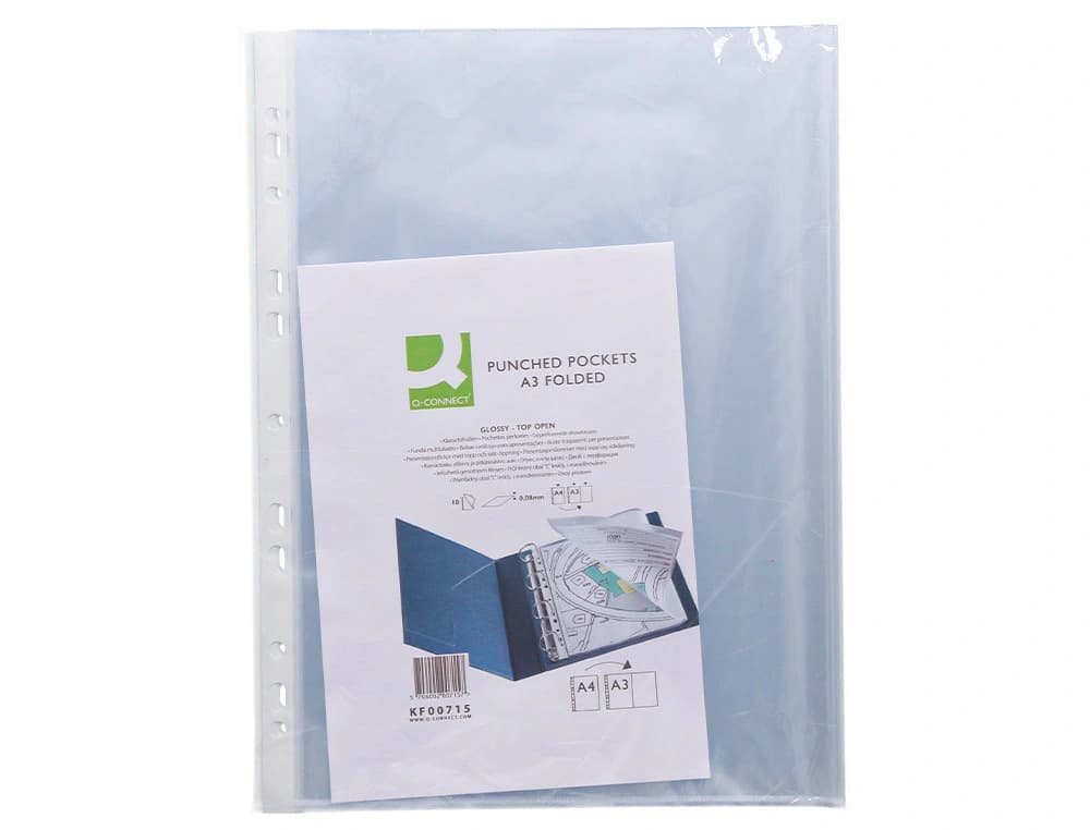 Funda multitaladro q-connect din a3 apaisada 80 micras cristal con apertura superior - bolsa de 10