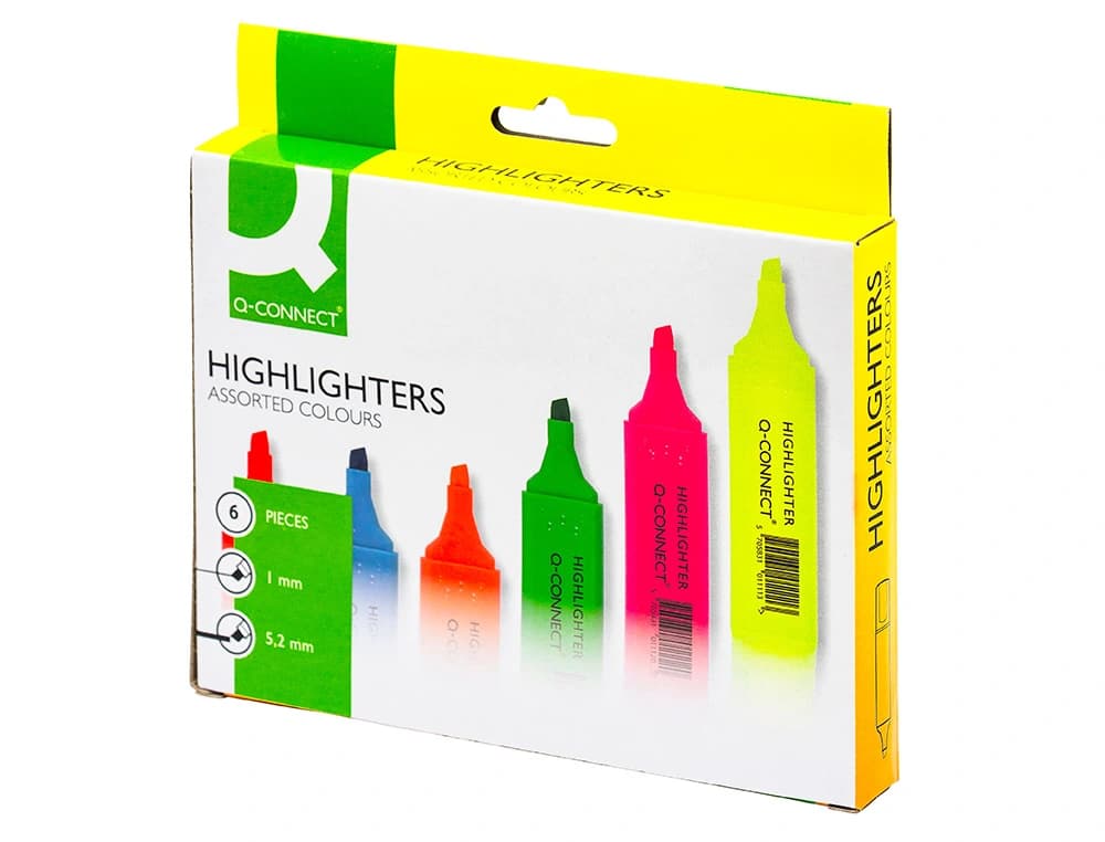 Rotulador q-connect fluorescente punta biselada caja de 6 unidades colores surtidos
