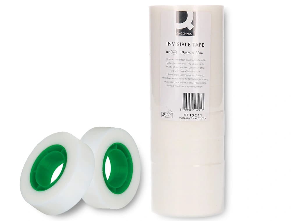 Cinta adhesiva q-connect invisible 33 mt x 19 mm pack de 8 unidades