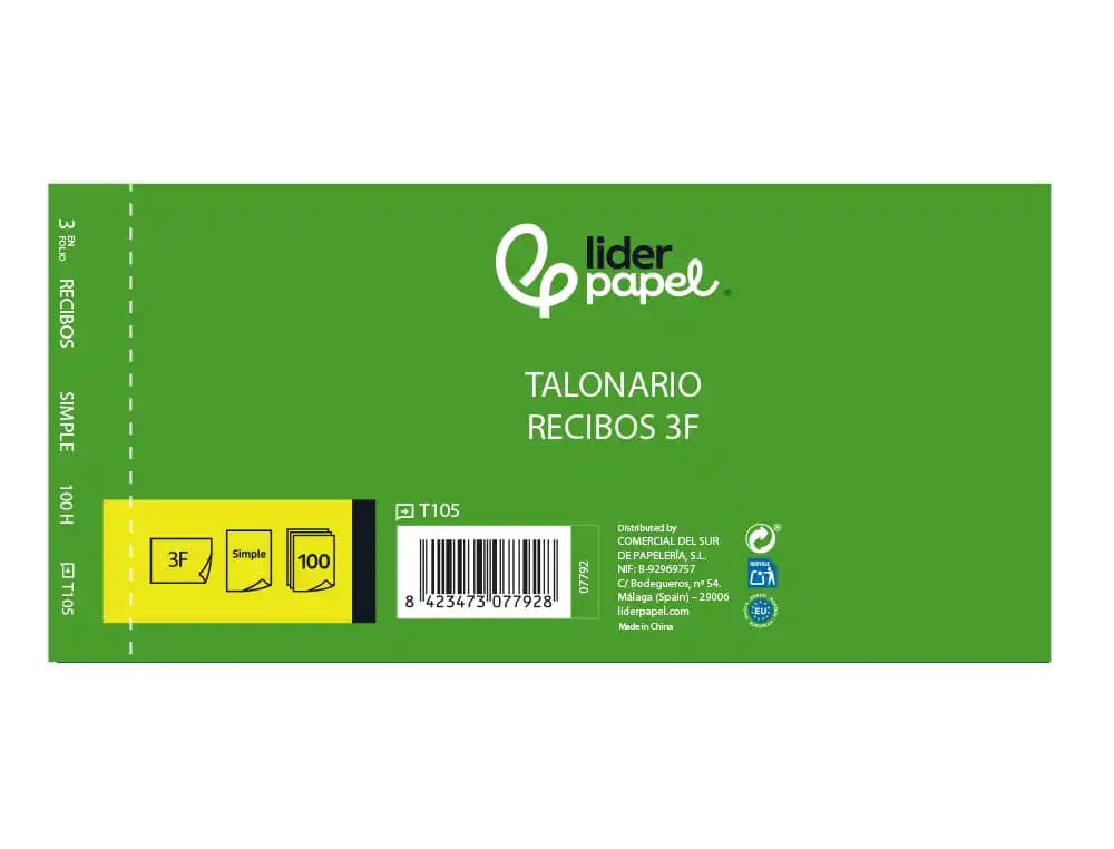 Talonario liderpapel recibos tres en folio apaisado