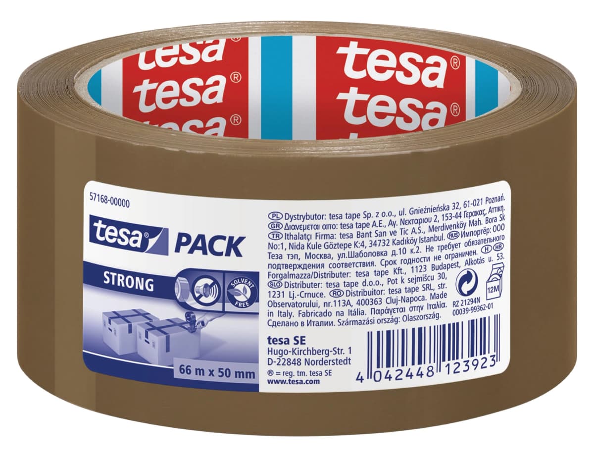 Cinta adhesiva de embalaje Tesa Strong de bajo ruido, 66 m × 50 mm – Marrón