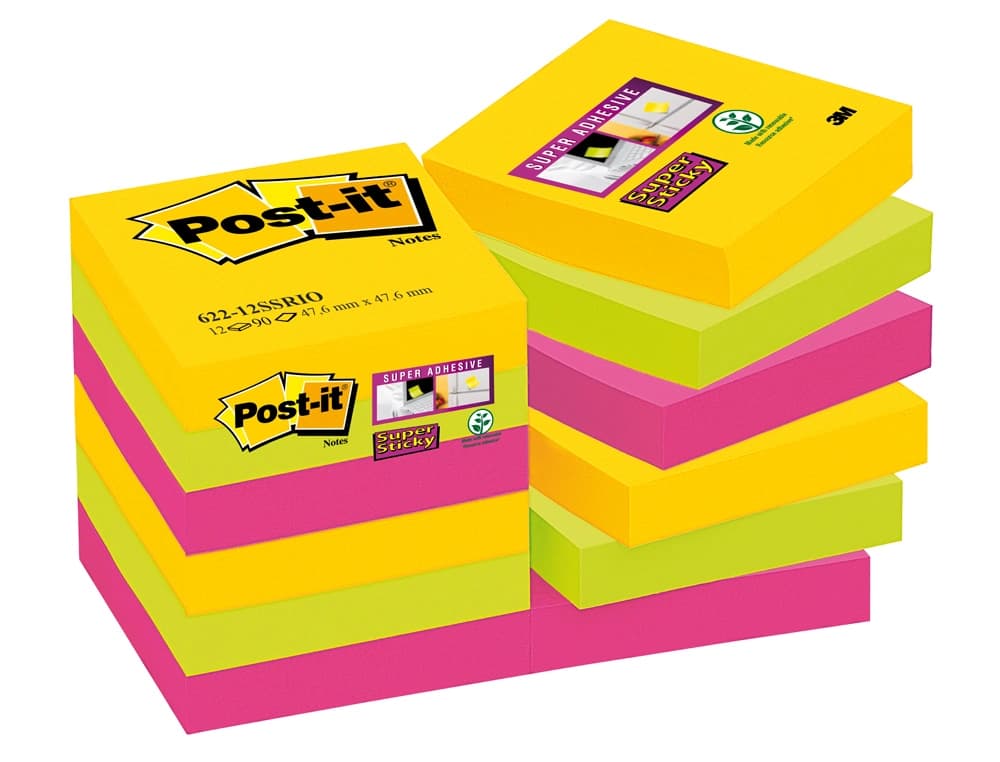 Bloc de notas adhesivas quita y pon post-it super sticky 47,6x47,6 mm con 90 hojas pack de 12 bloc colores
