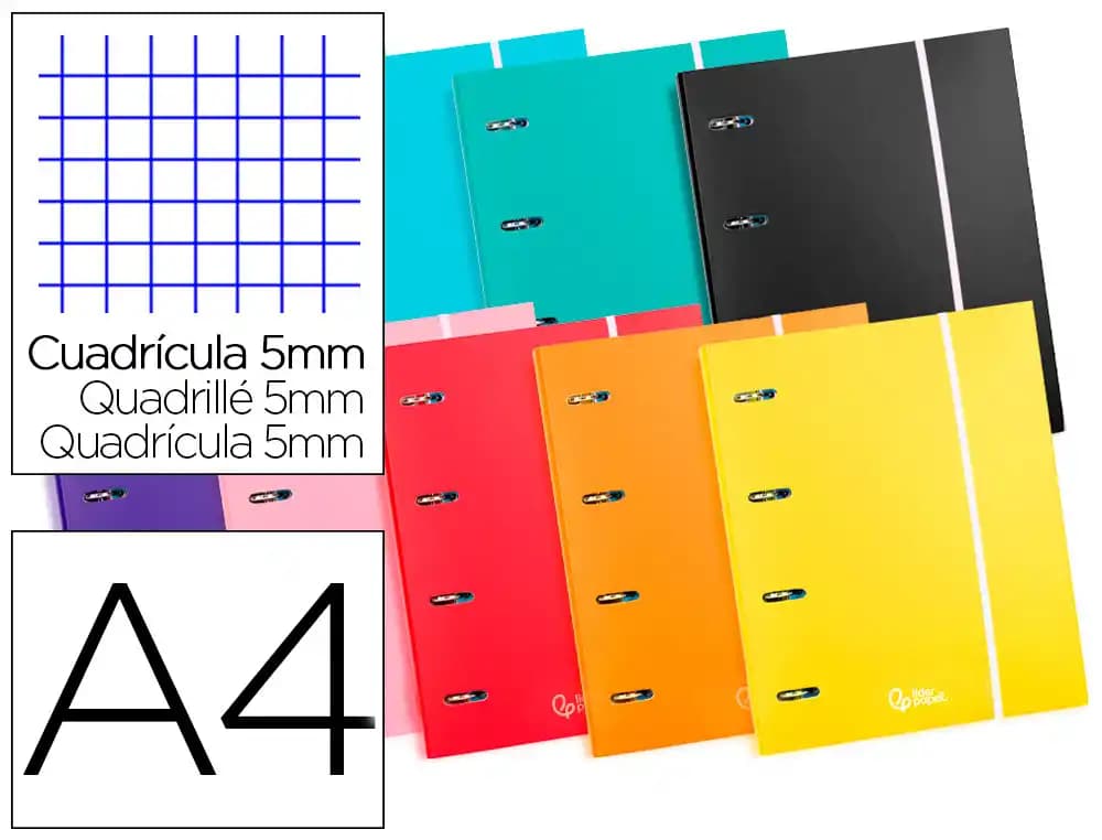 Carpeta con recambio liderpapel a4 cuadro 5 mm 120 hojas 80 g forrada 4 anillas 40 mm redondas colores surtido