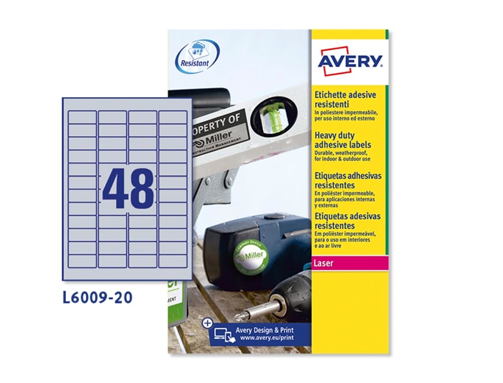 Etiqueta adhesiva resistente avery poliester plata 1,2 mm 45,7x21,2 mm laser pack de 960unidades