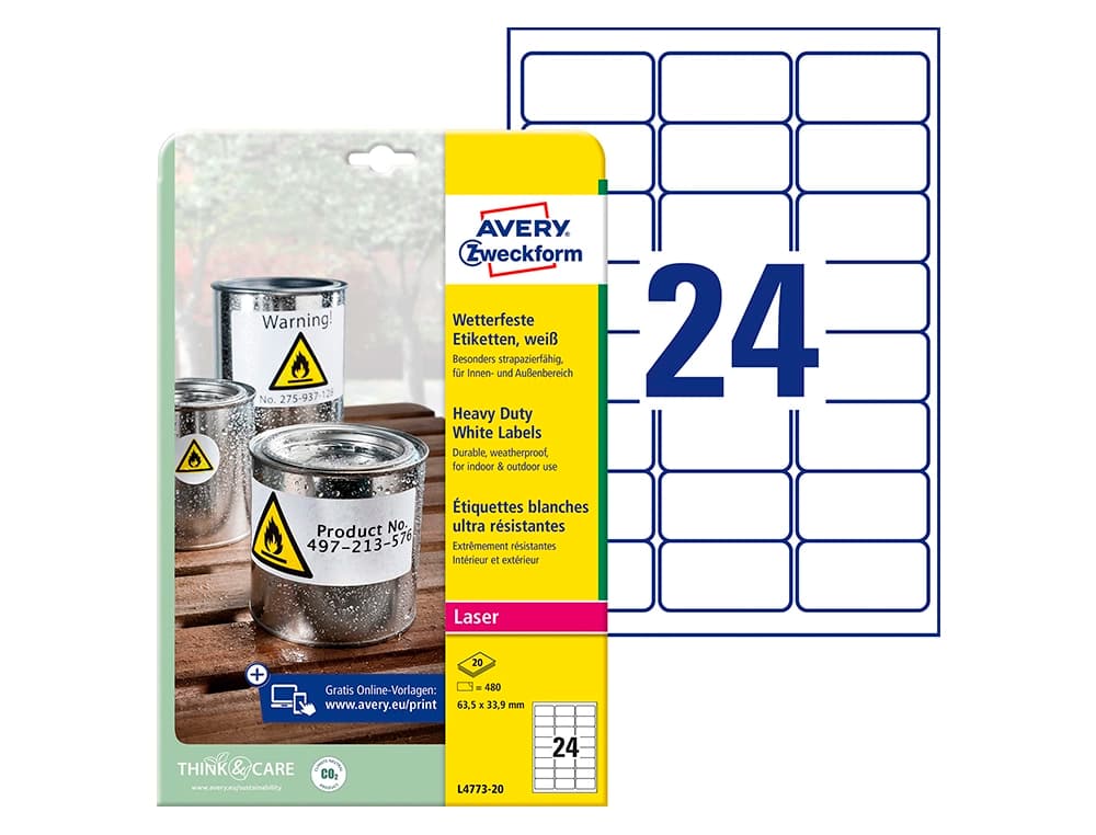 Etiqueta adhesiva resistente avery poliester blanco 3,9 mm 63,5x33,9 mm laser pack de 480unidades