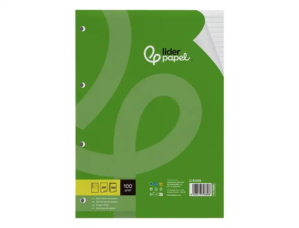 Recambio liderpapel a4 100 hojas 100gr rayado horizontal con margen 4 taladros