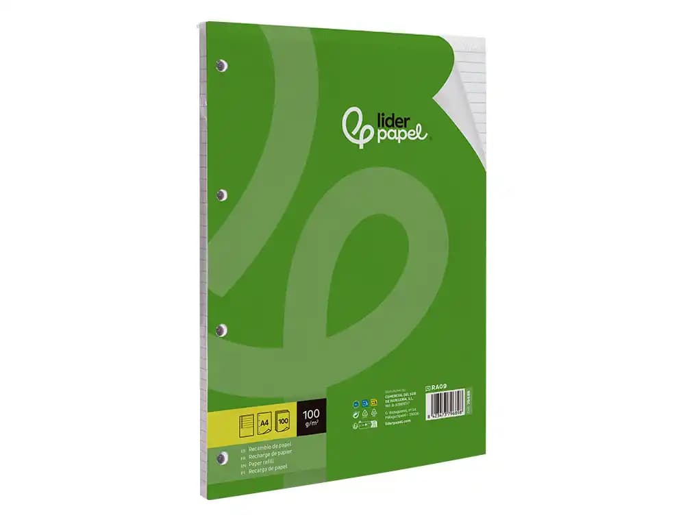 Recambio liderpapel a4 100 hojas 100gr rayado horizontal con margen 4 taladros