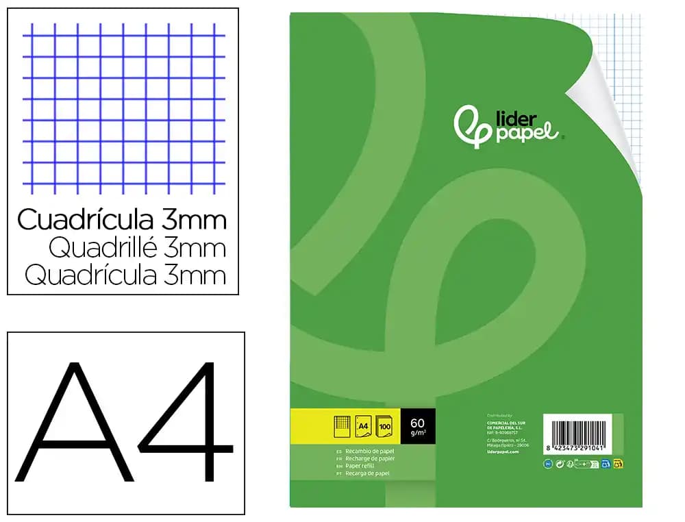 Recambio liderpapel a4 100 hojas 60gr cuadro 3 mm con margen 4 taladros