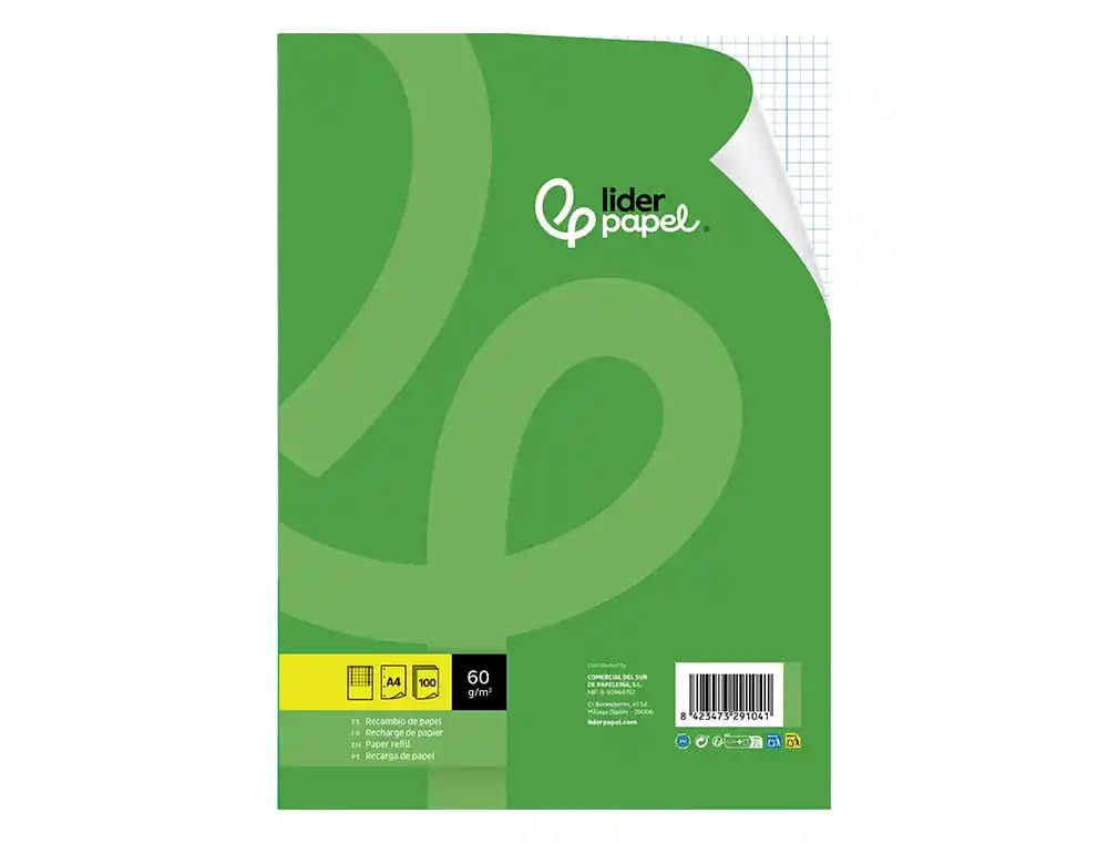 Recambio liderpapel a4 100 hojas 60gr cuadro 3 mm con margen 4 taladros