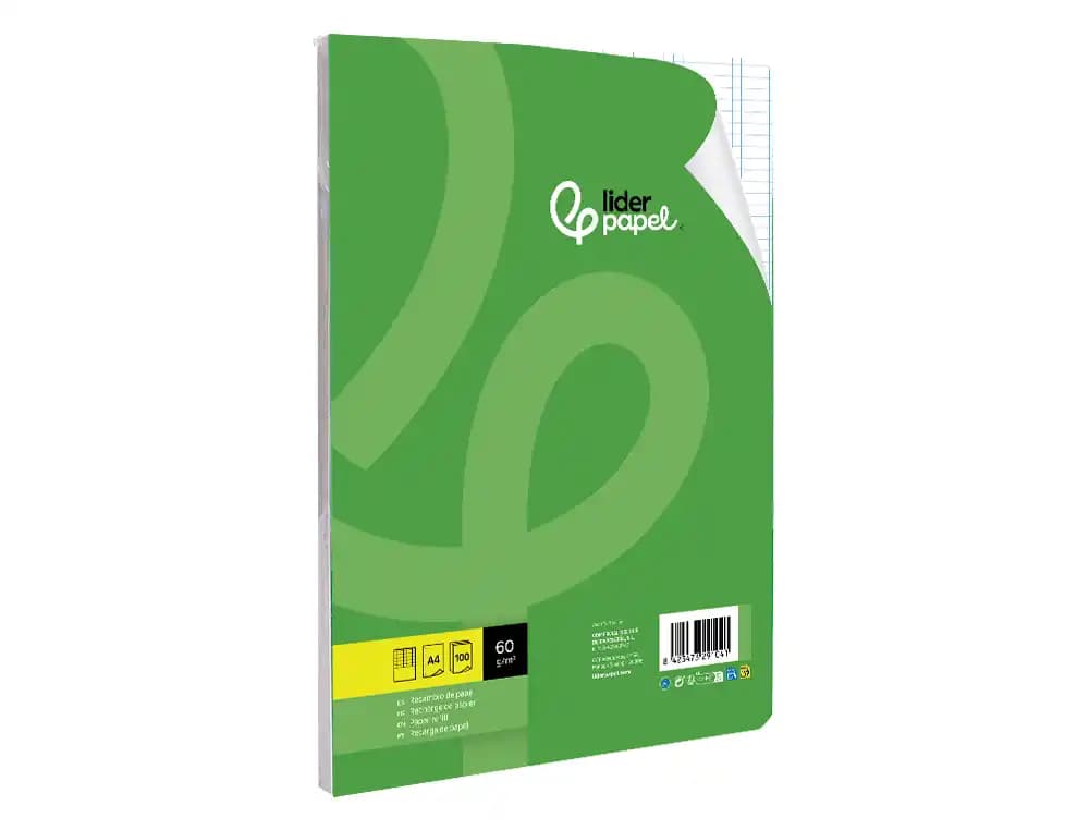 Recambio liderpapel a4 100 hojas 60gr cuadro 3 mm con margen 4 taladros