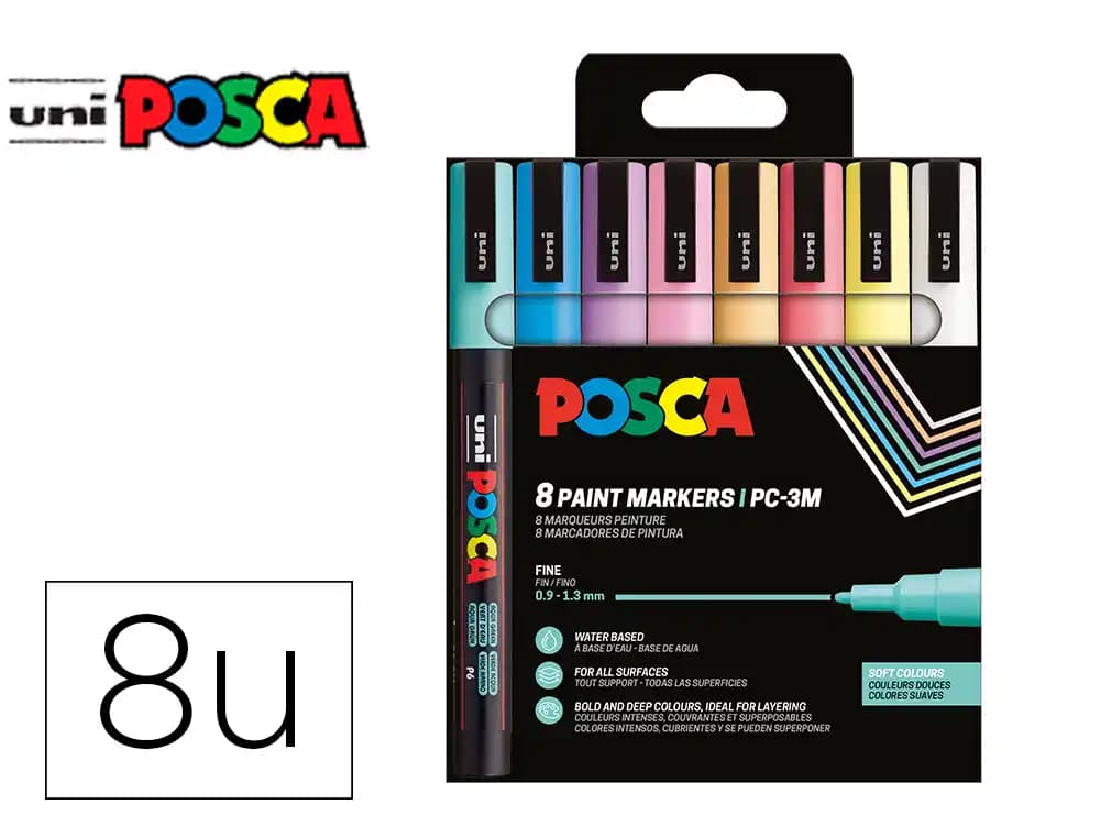 Posca Rotulador uni posca pc-3m/8c marcador de pintura punta conica 0,9-1,3 mm estuche de 8unidades colores suaves