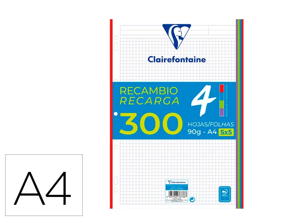Clairefontaine Recambio clairefontaine din a4 300 hojas 90 gr cuadro 5 mm con bandas de 5 colores vivos
