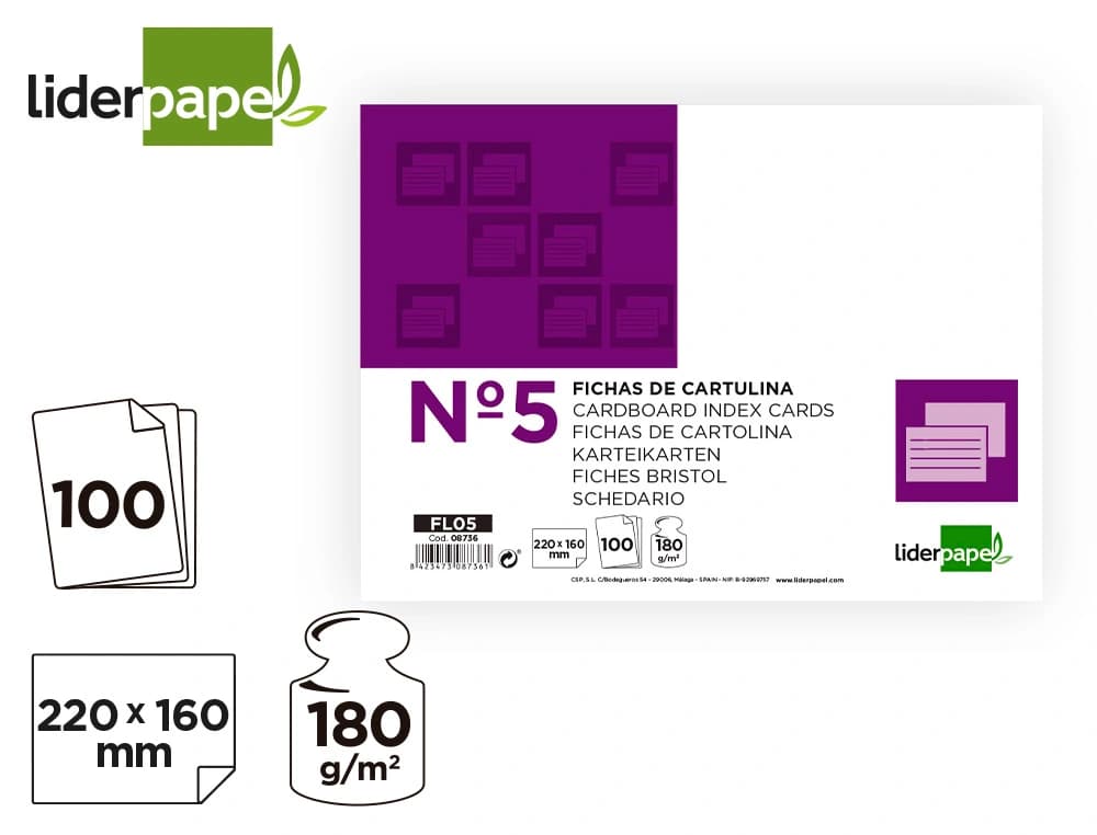 Ficha liderpapel lisa nº5 160x220mm 180gr paquete de 100 unidades