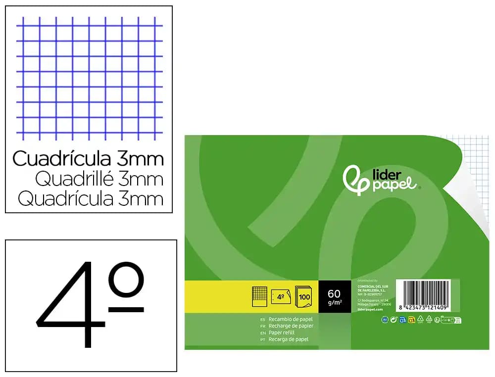 Recambio Liderpapel apaisado de 100 hojas, cuadro de 3 mm con margen y 2 taladros – Cuarto · 60g