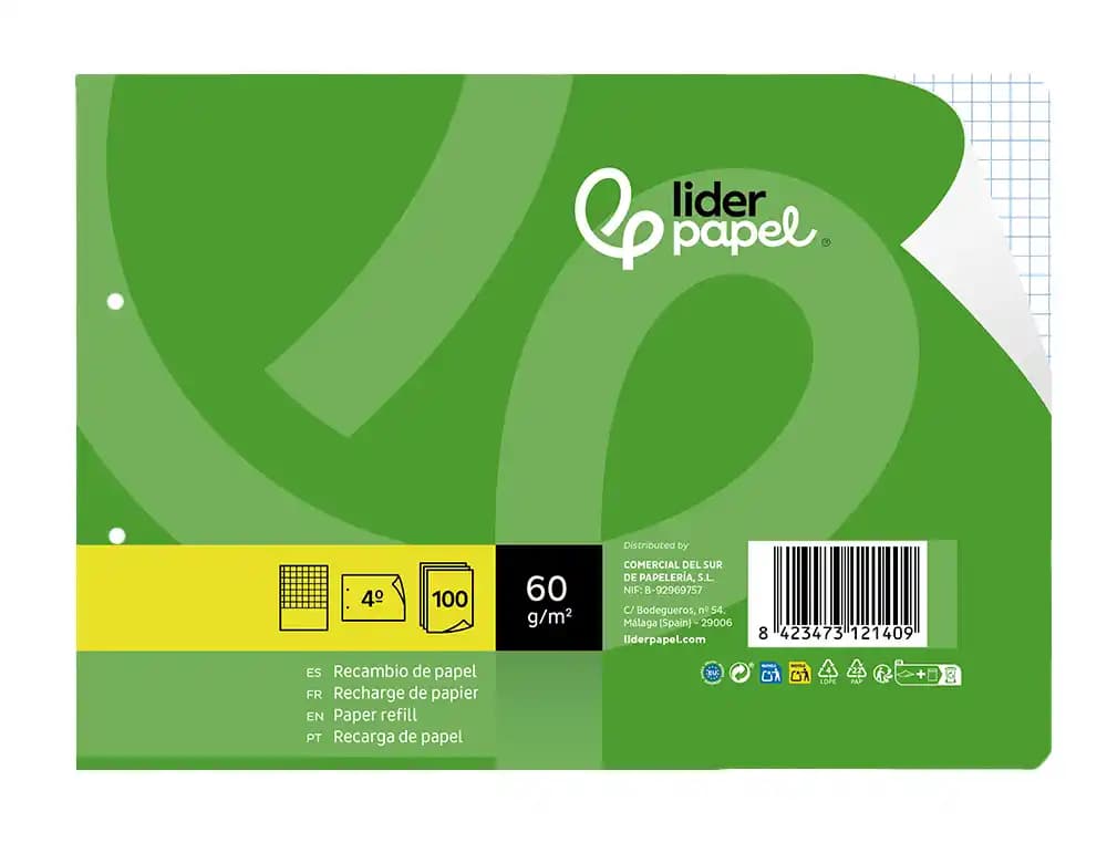 Recambio Liderpapel apaisado de 100 hojas, cuadro de 3 mm con margen y 2 taladros – Cuarto · 60g