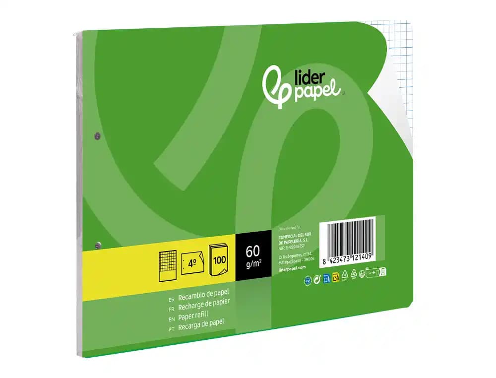 Recambio Liderpapel apaisado de 100 hojas, cuadro de 3 mm con margen y 2 taladros – Cuarto · 60g