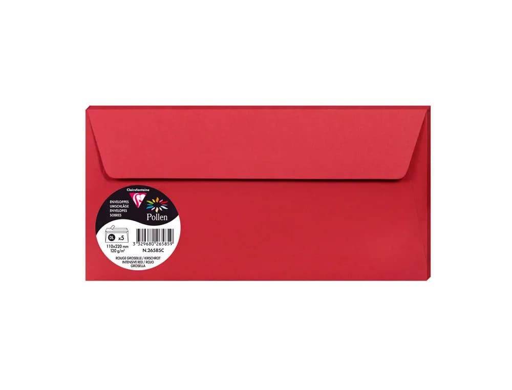 Clairefontaine Sobre clairefontaine pollen 110x220 mm rojo grosella pack de 5 unidades