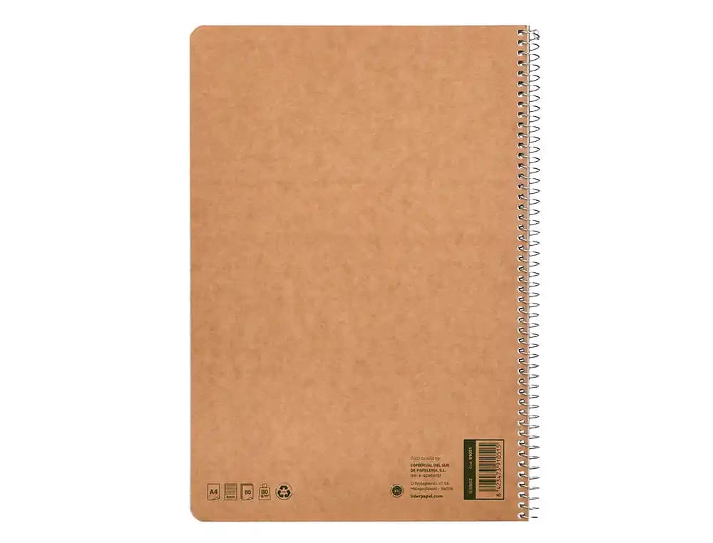 Cuaderno espiral liderpapel a4 ecouse tapa cartulina kraft 80h papel reciclado 80gr cuadro 4mm con margen