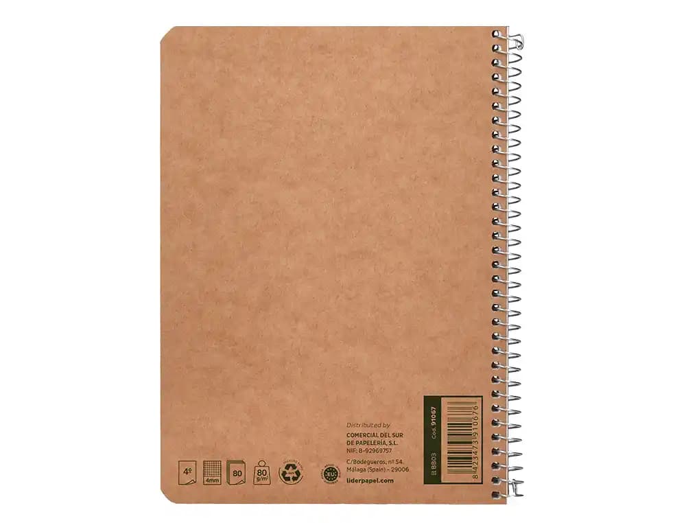 Cuaderno espiral liderpapel a5 ecouse tapa cartulina kraft 80h papel reciclado 80gr cuadro 4mm