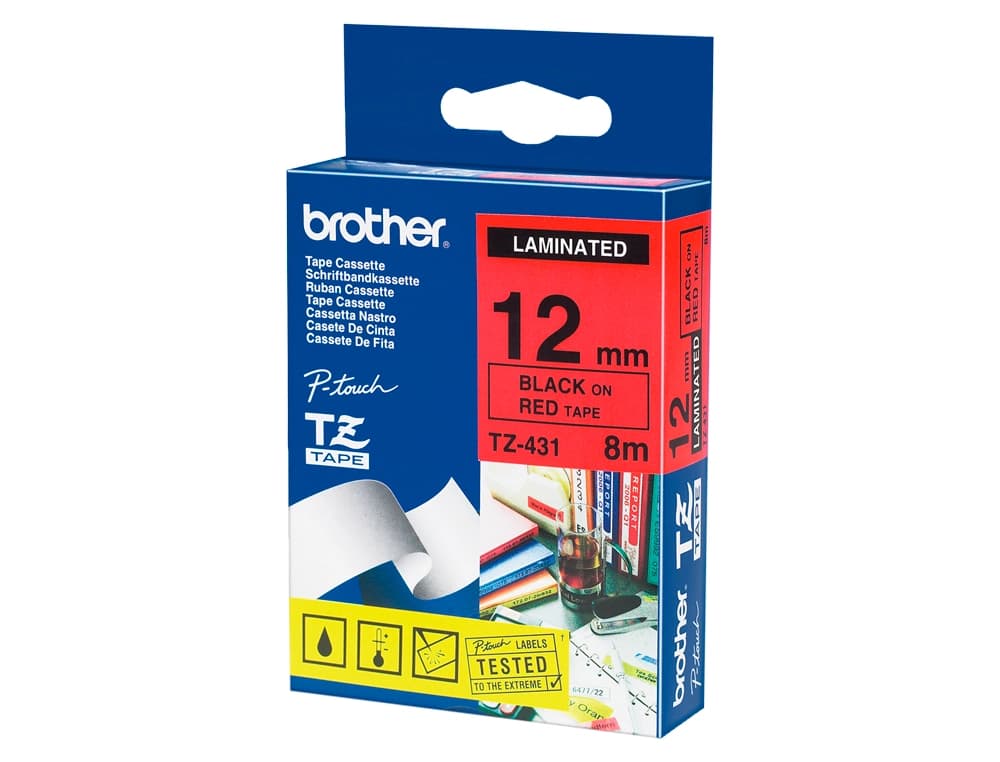 Cinta brother tze431 laminada negro-rojo 12mm x 8 m