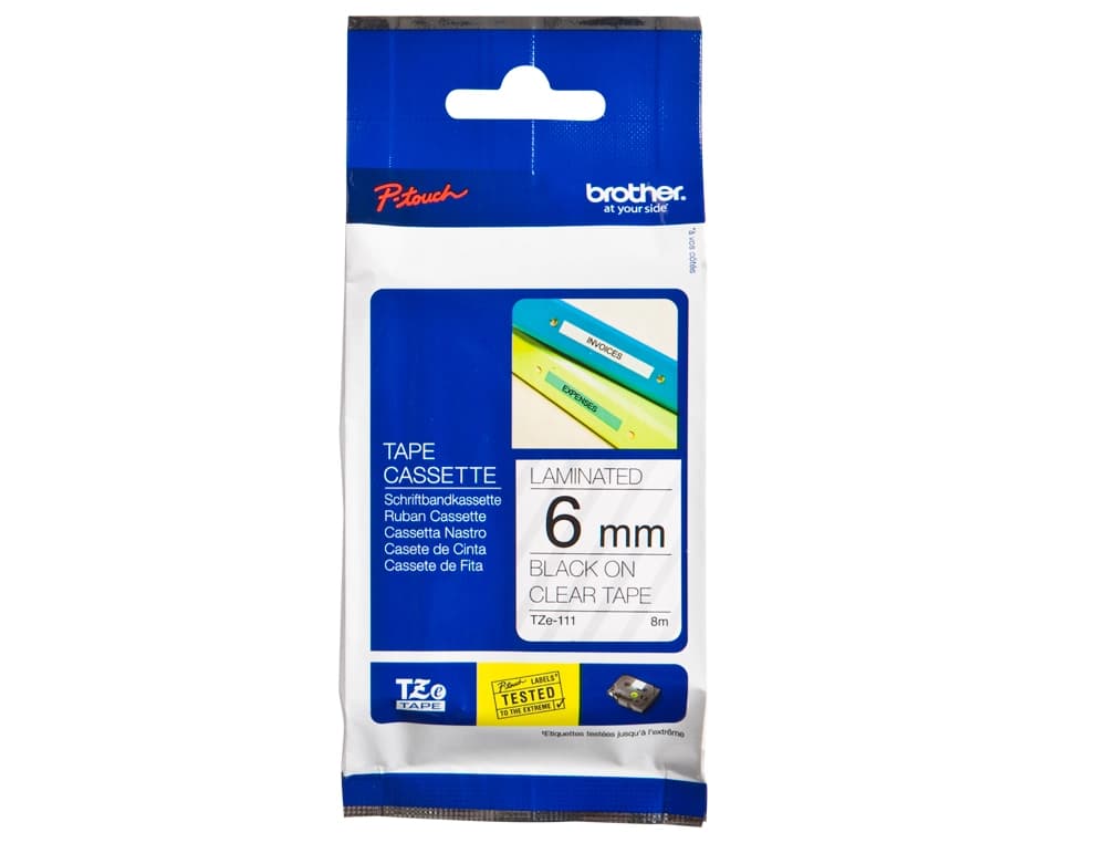 Cinta brother tze111 transparente-negro 6mm longitud 8 m