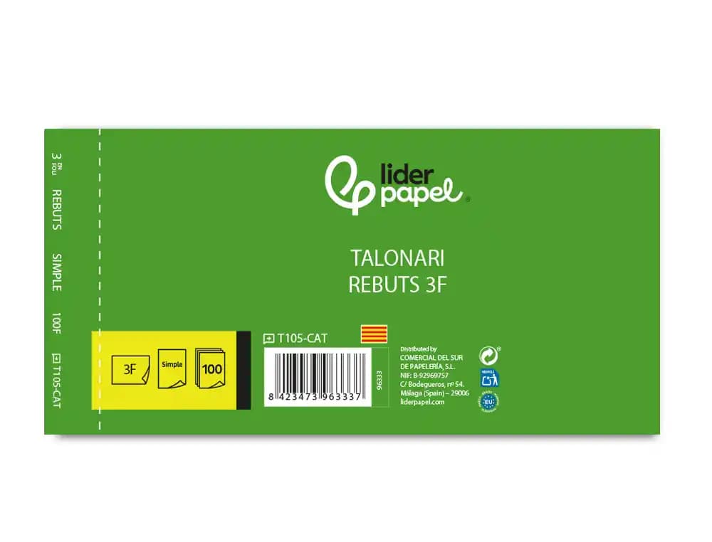 Talonario liderpapel recibos 3/fº original t105 con matriz texto en catalan