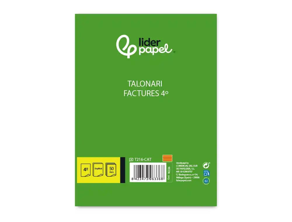 Talonario liderpapel facturas cuarto original y copia t216 con i.v.a. texto en catalan