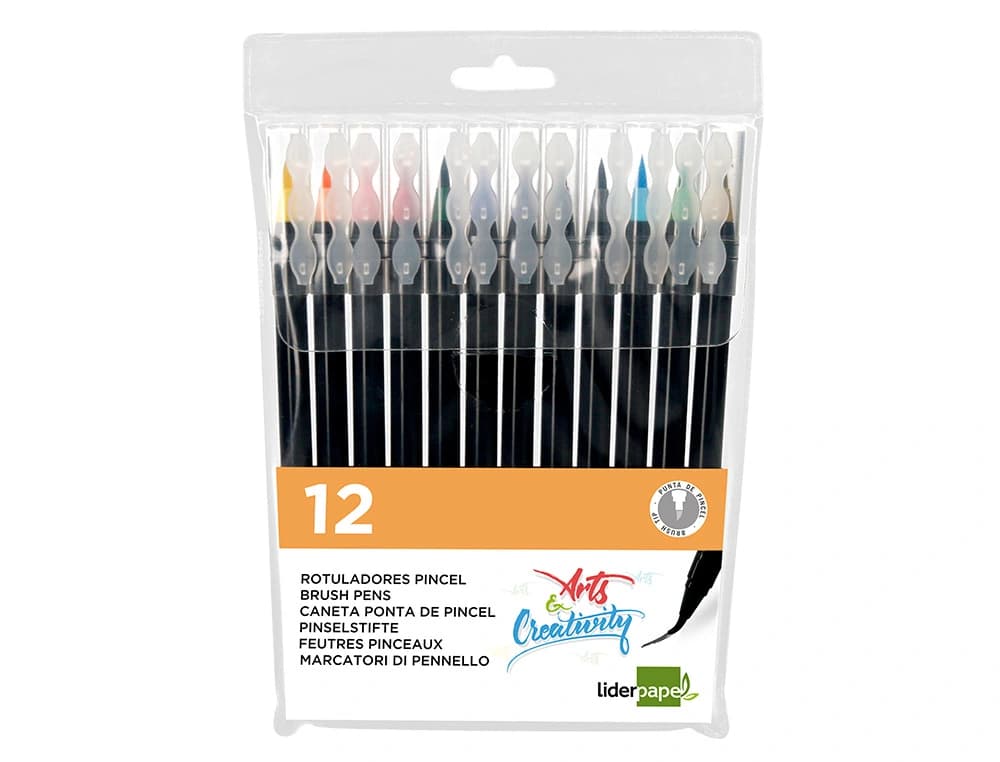 Rotulador liderpapel punta pincel extra suave bolsa de 12 unidades colores surtidos