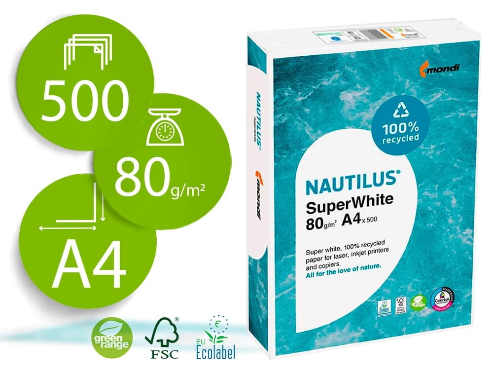 Nautilus Papel fotocopiadora nautilus superwhite 100% reciclado paquete de 500 hojas