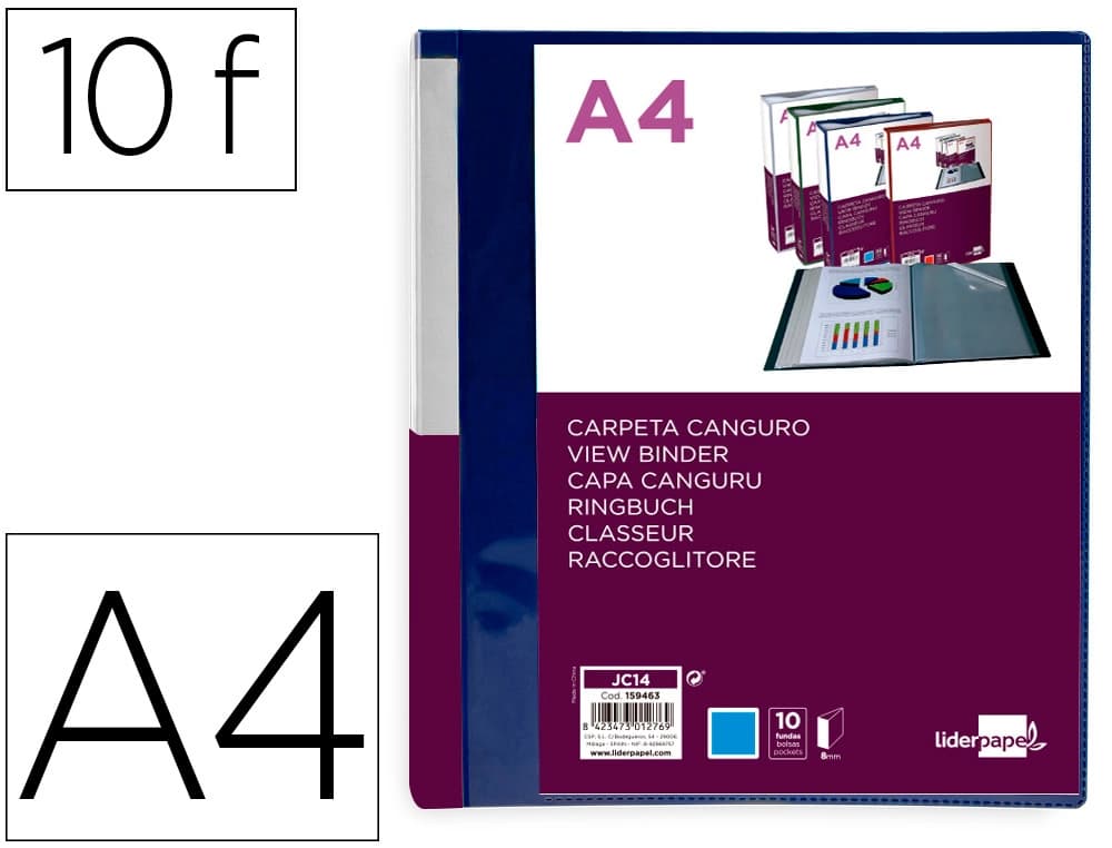 Carpeta canguro Liderpapel A4 de polipropileno translúcido con 10 fundas, portada y lomo personalizables – Azul