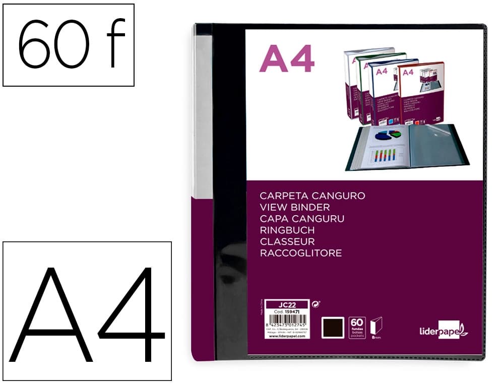 Liderpapel Carpeta liderpapel 60 fundas canguro pp din a4 negro opaco portada y lomo personalizable