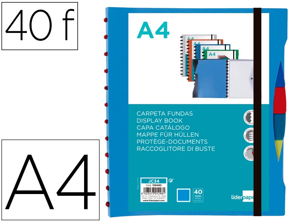 Liderpapel Carpeta liderpapel a4 con 40 fundas intercambiables 5 sep sobre y gomilla portada y lomo personalizable