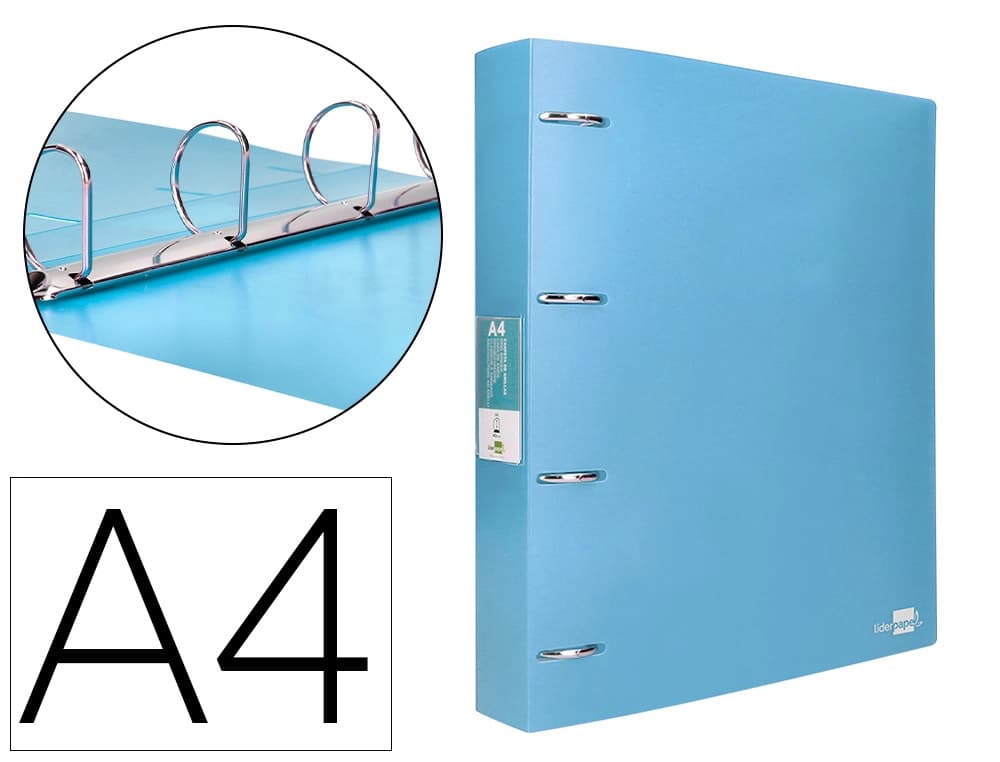 Carpeta Liderpapel A4 de polipropileno opaco con 4 anillas mixtas de 40 mm y tarjetero – Celeste