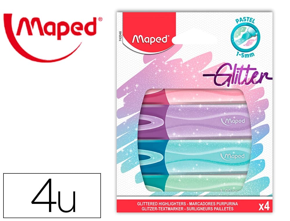 Maped Rotulador maped fluorescente peps pastel con glitter estuche de 4 unidades colores surtidos