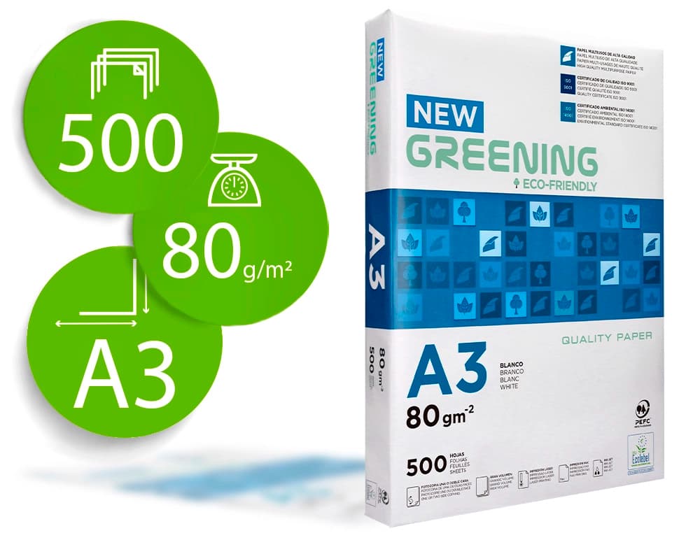 Papel fotocopiadora greening paquete de 500 hojas — DIN A3 · 297 × 420 mm · 80g · 500 hojas