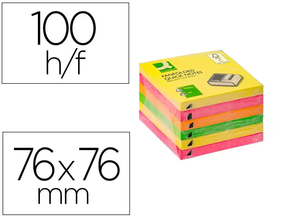 Q-connect Bloc de notas adhesivas quita y pon q-connect 76x76 mm colores neon surtidos zig-zag