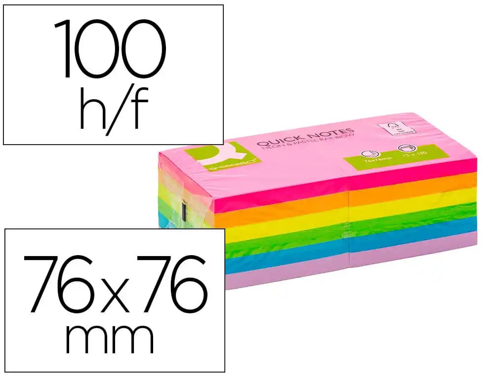 Q-connect Bloc de notas adhesivas quita y pon q-connect 76x76 mm fsc colores neon y pastel surtidos