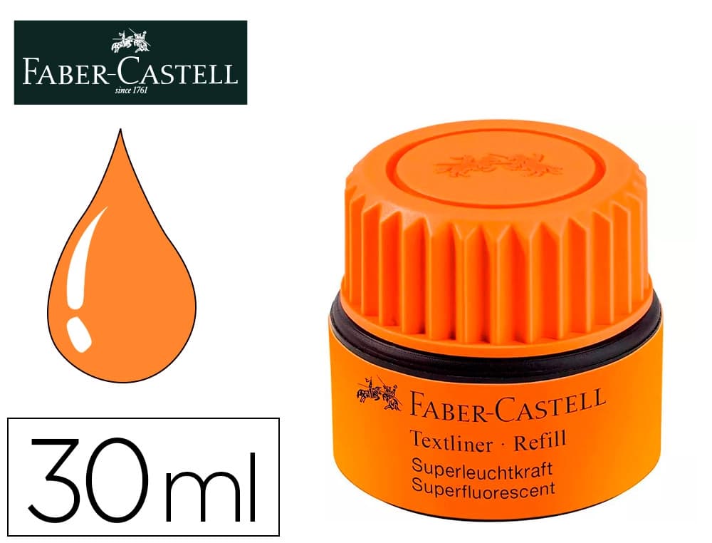 Tinta para rotuladores fluorescentes Faber-Castell Textliner 1549 con sistema capilar, bote de 30 ml – Naranja fluor