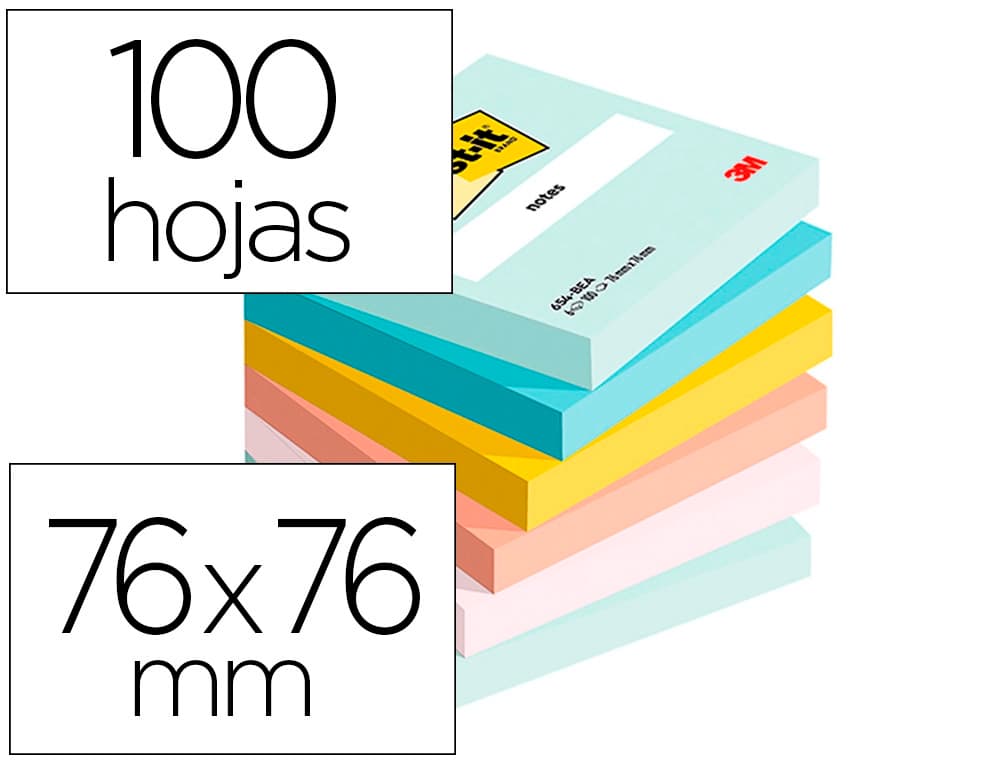 Post-it Bloc de notas adhesivas quita y pon beachside 100% pefc 76x76 mm 100 hojas pack de 6 unidades