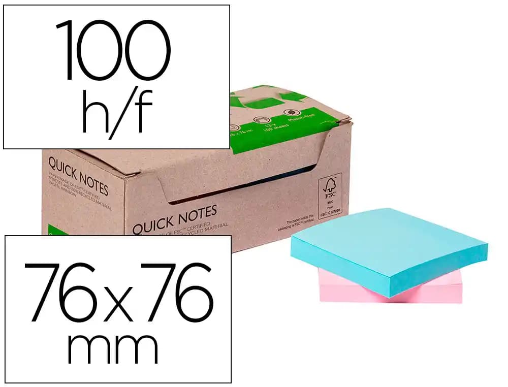 Q-connect Bloc de notas adhesivas quita y pon q-connect 76x76 mm 100% papel reciclado colores pasteles en caja de carton