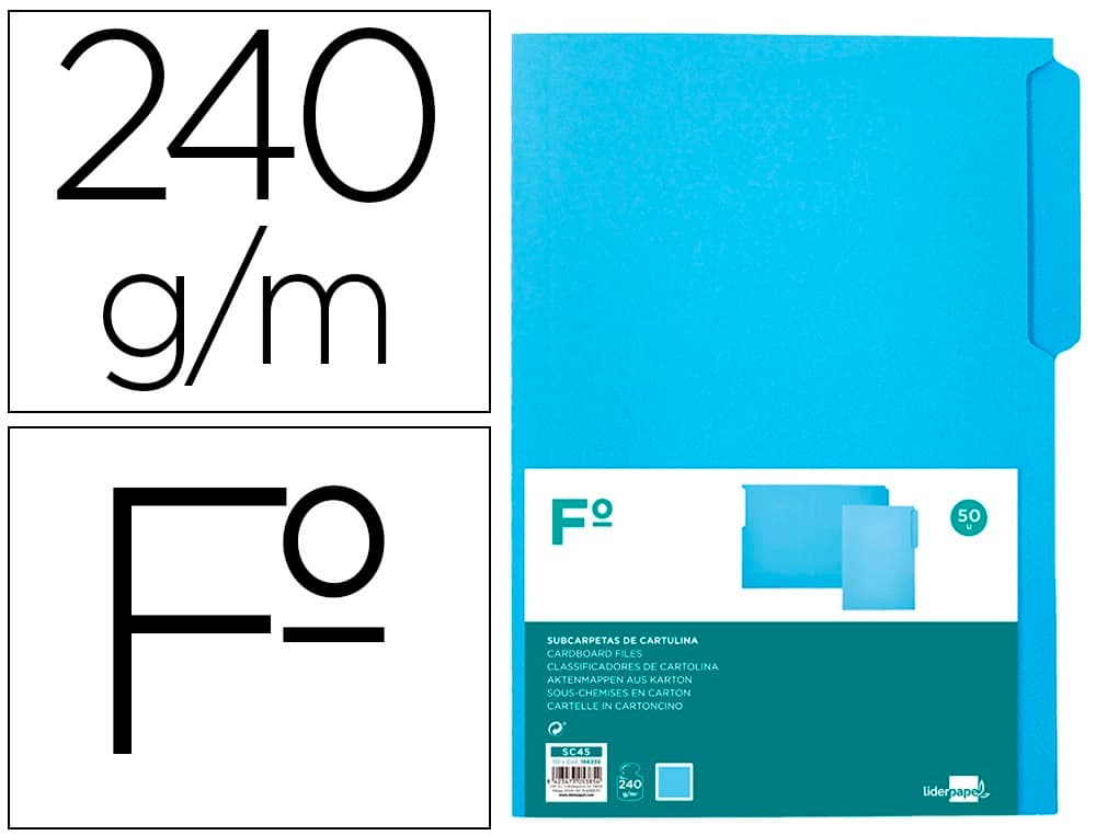 Subcarpeta cartulina liderpapel folio pestaña izquierda 240g/m2