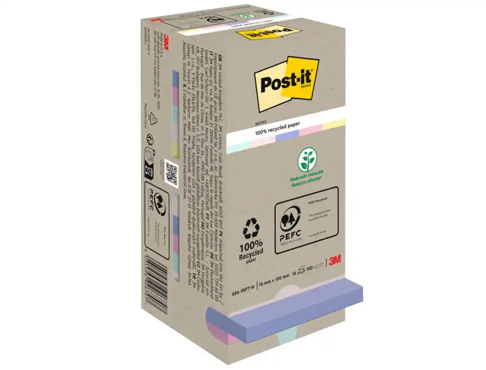 Post-it Bloc de notas adhesivas quita y pon post-it 76x76 mm 100% reciclada pefc en torre pack de 16 unidades colores