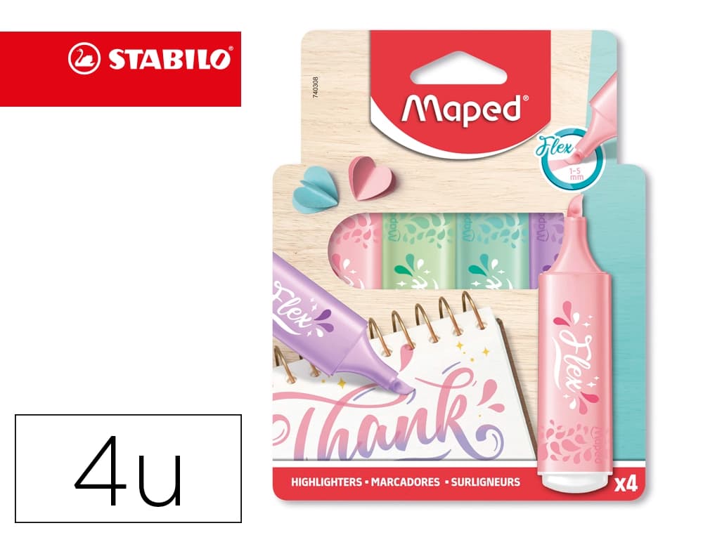 Maped Rotulador maped fluorescente pastel flex blister de 4 unidades colores surtidos