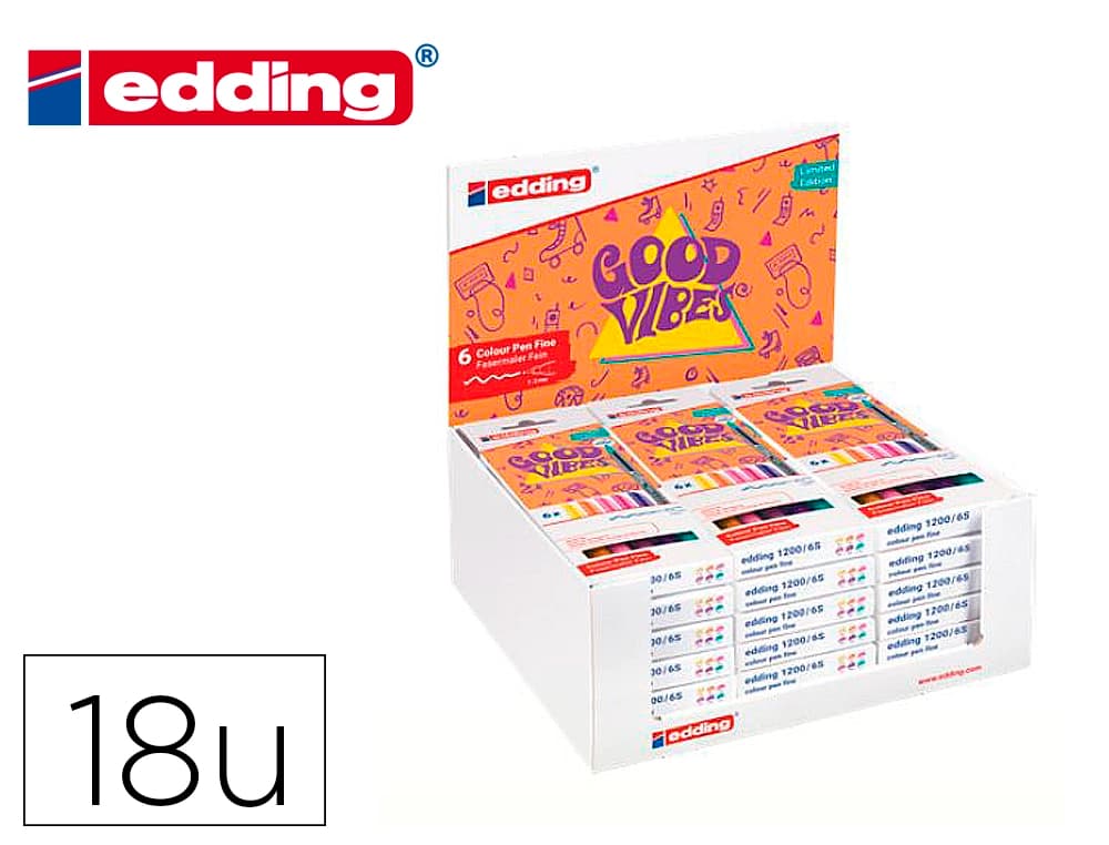 Edding Rotulador edding punta fibra 1200 good vibes expositor con 18 cajas de 6 colores surtidos