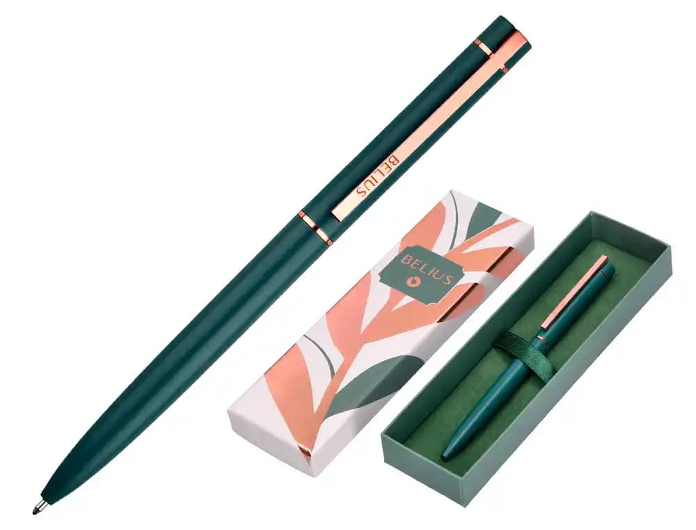 Bolígrafo Belius Rose de aluminio con detalles en oro rosa y tinta azul, en caja de diseño – Verde oliva