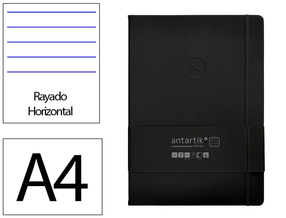 Cuaderno con gomilla Antartik Notes de tapa dura, rayas, 100 hojas – Negro