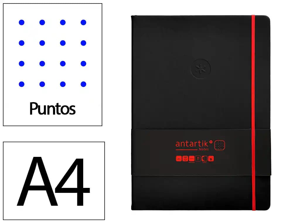 Cuaderno con gomilla Antartik Notes de tapa dura, puntos, 100 hojas – Negro y rojo